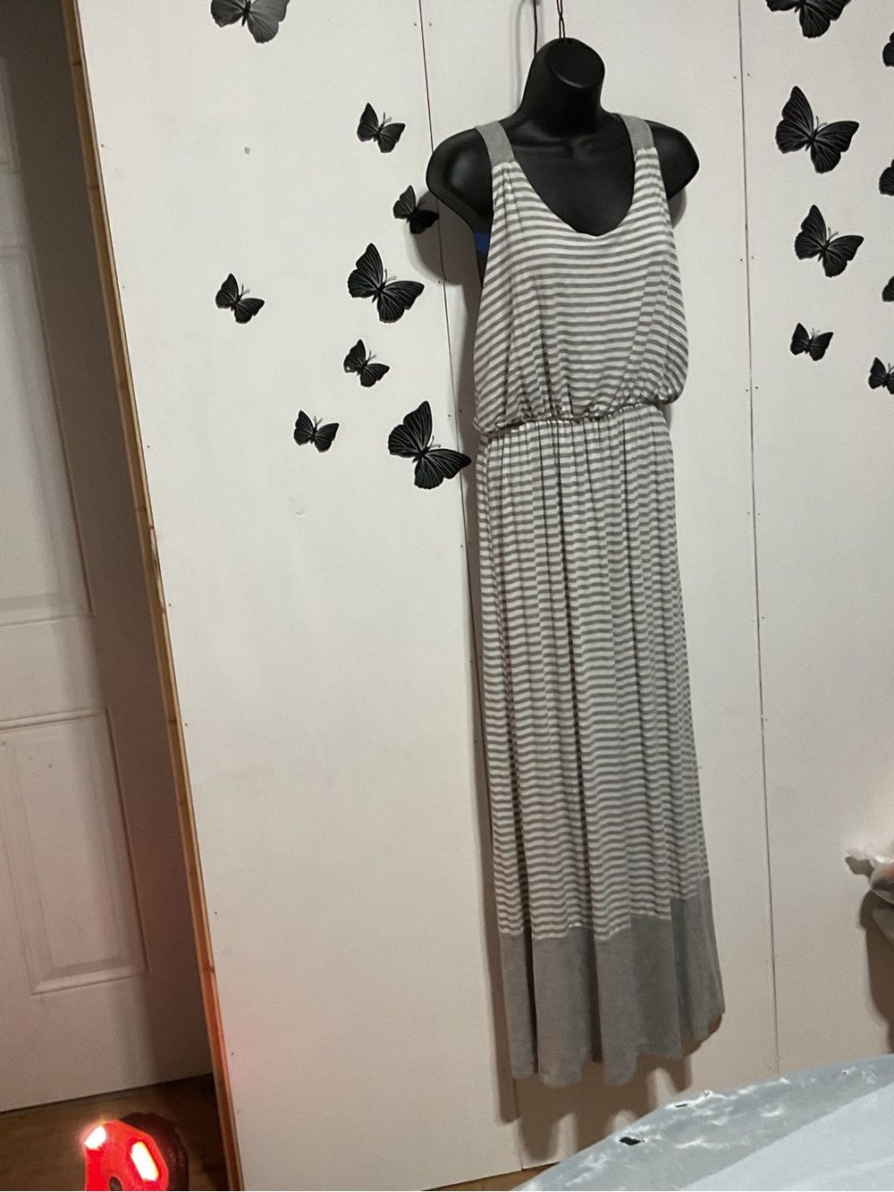 Striped Grey and White Maxi Dress - Sleeveless Casual